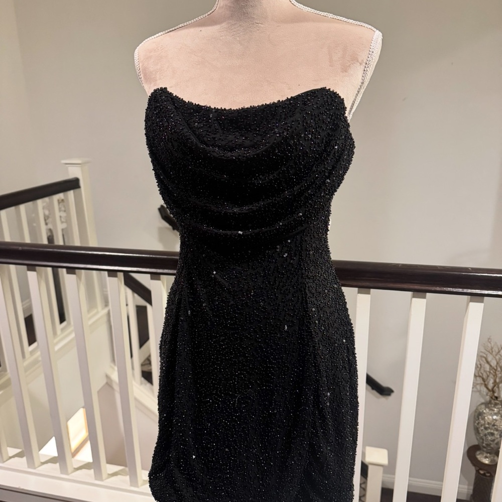 Oh Polly Black Sequin Ruched Strapless Dress